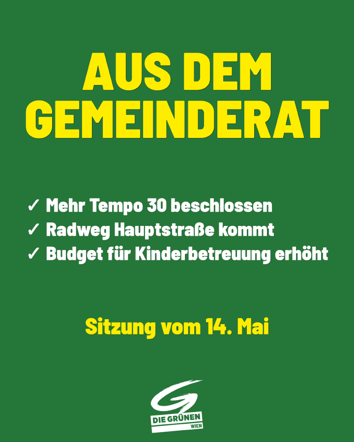 Beispiel-Sharepic Feed-Post Aus dem Gemeinderat auf einfarbig grünem Hintergrund ohne Foto, mit Logo, Schlagzeile, drei Ergebniszeilen mit Häkchen und der Sitzungsdatum-Zeile