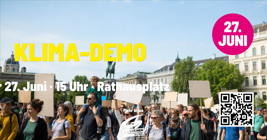 Beispiel-Sharepic Event-Header Klima-Demo mit Logo, Foto-Hintergrund, Schlagzeile, Demo-Datum und -Ort, QR-Code und rundem Störer mit Datum