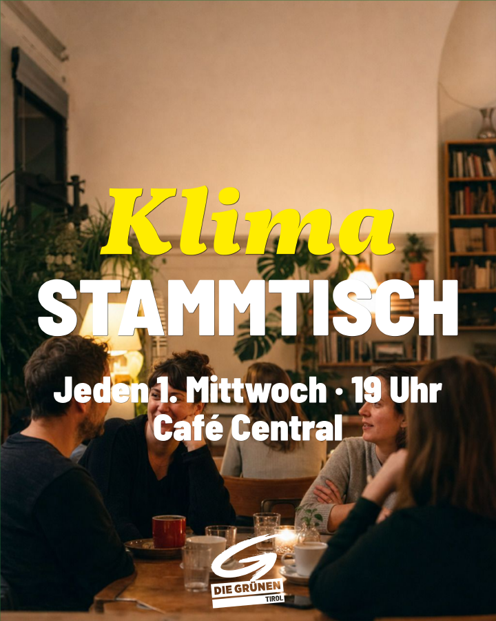 Beispiel-Sharepic Feed-Post Klima-Stammtisch mit Logo, Foto-Hintergrund, Akzentwort in Serifenschrift, Schlagzeile und Termin-Details