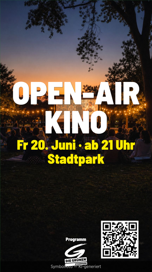 Beispiel-Sharepic Story Open-Air-Kino mit Logo, Foto-Hintergrund, Schlagzeile, Termin-Details und QR-Code mit Beschriftung Programm unten rechts