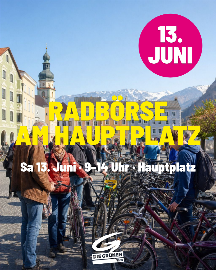 Beispiel-Sharepic Feed-Post Radbörse am Hauptplatz mit Logo, Foto-Hintergrund, Schlagzeile, Datum-Zeit-Ort-Zeile und rundem Störer mit Datum oben rechts