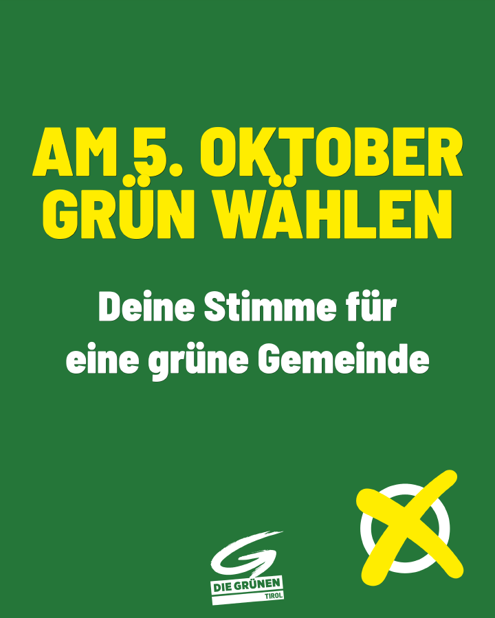 Beispiel-Sharepic Feed-Post Wahlaufruf auf einfarbig grünem Hintergrund ohne Foto, mit Logo, Schlagzeile Am 5. Oktober GRÜN wählen, gelbem Wahlkreuz und kurzer Aufruf-Zeile