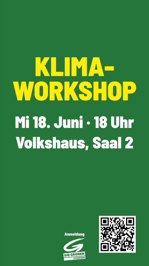 Beispiel-Sharepic Story Klima-Workshop auf einfarbig grünem Hintergrund ohne Foto, mit Logo, Schlagzeile, Datum-Zeit-Ort-Zeile und QR-Code mit Beschriftung Anmeldung unten rechts